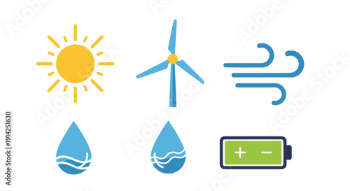 Vector icons of renewable energy sources including sun, wind turbine, wind, water droplets, and battery charging