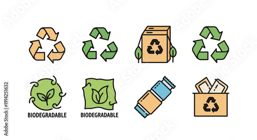 Vector icons of recycling symbols and biodegradable labels on various objects