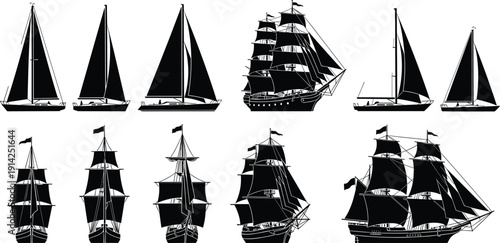 Collection of sailing ship silhouettes featuring modern sailboats and historical tall ships, illustrating nautical design evolution, maritime history, and ocean travel concepts.