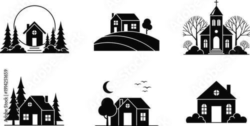 Real estate house icons, small cottage in forest, church building with trees, residential homes, village landscape silhouettes, black vector illustration, neighborhood