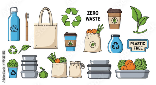 Vector illustration of eco friendly products and zero waste lifestyle icons including reusable bags bottles and containers isolated on white background