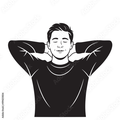 Young man relaxing with hands behind head and eyes closed showing satisfaction and comfort in black and white minimalist silhouette vector illustration for leisure time