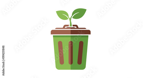 Vector illustration of a green trash can with a small plant growing out of it, isolated on transparent background