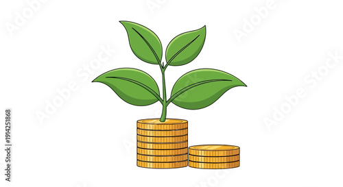Vector illustration of a green plant growing out of stacked gold coins on a transparent background
