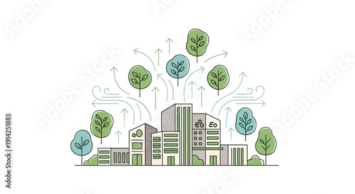 Vector illustration of a sustainable cityscape with green buildings and trees emitting eco-friendly energy isolated on transparent background