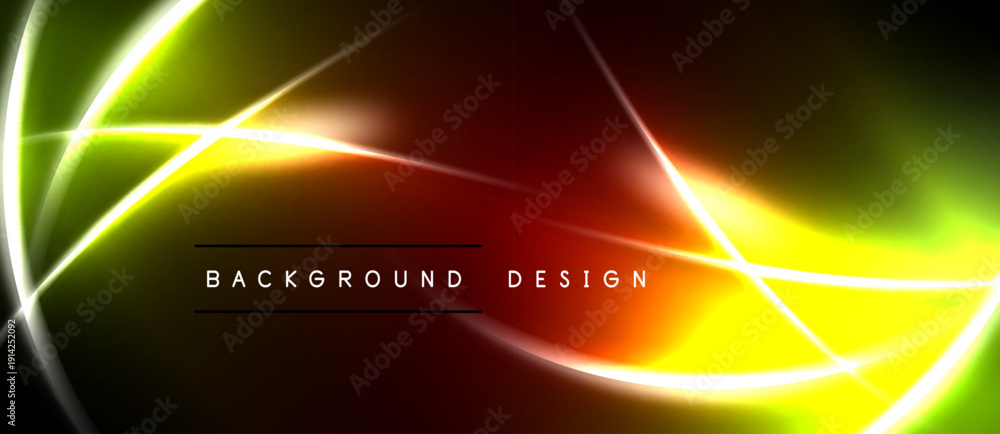 Naklejka premium Abstract background features vibrant lines, gradients. Yellows, greens, reds blend into dark space. Text reads background design.