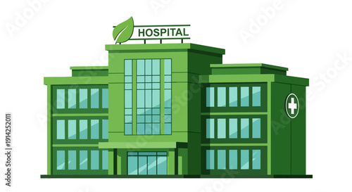 Vector illustration of a green hospital building with a cross sign isolated on transparent background