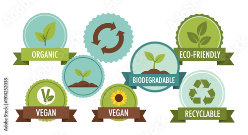 Eco friendly badges and labels with recycling and vegan symbols in green and brown hues isolated on transparent background