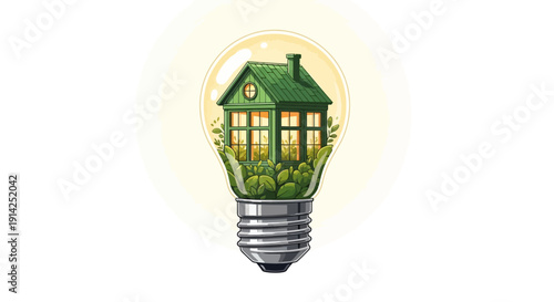 Vector illustration of a green house inside a glowing light bulb with foliage, isolated on transparent background