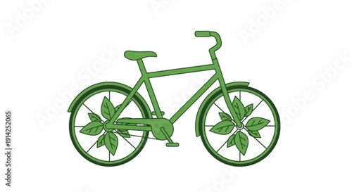 Green bicycle with leaf-shaped wheel spokes isolated on transparent background