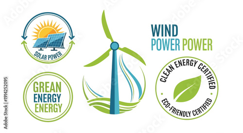Vector eco friendly energy logos with wind turbine and green leaves isolated on transparent background