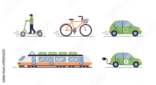 Vector illustration of various eco-friendly transportation modes including a scooter rider, bicycle, electric car, and hybrid train on a white background