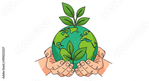 Hands cradling a green globe with leaves sprouting from it, isolated on transparent background