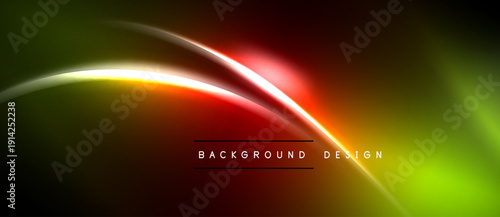 Abstract neon lines create vibrant gradient. Dark background emphasizes glowing curves, modern design element.
