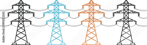 Electric transmission tower silhouettes collection, high voltage power line pylons vector illustration, energy infrastructure icons isolated on white background, electricity grid engineering
