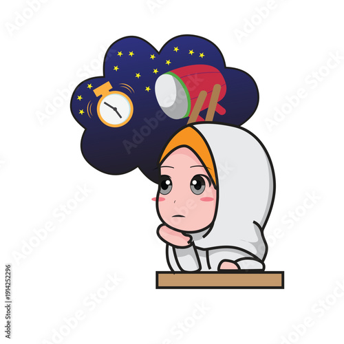 cute chibi muslim Girl waiting for iftar time