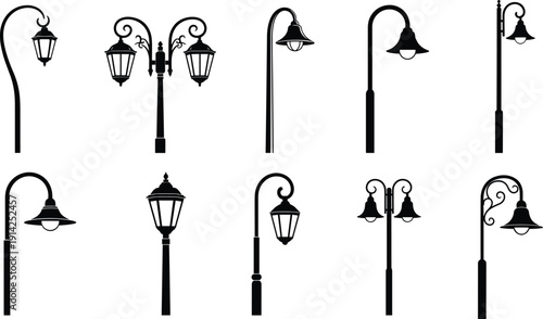 Vintage street lamp silhouettes collection, decorative outdoor lighting vector icons set, classic lantern poles isolated on white background