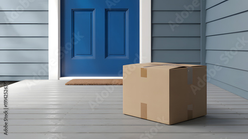 Cardboard box package delivered and sitting on a concrete porch in front of a blue front door