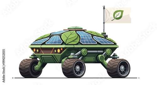 Green eco-friendly mars rover with solar panels and leaf flag isolated on transparent background