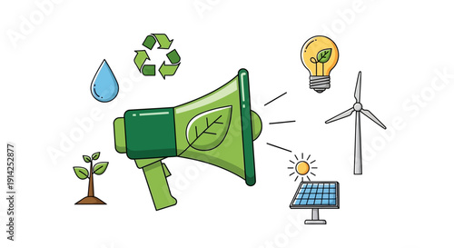 Vector illustration of a green megaphone with eco-friendly symbols such as recycling logo, solar panel, wind turbine, and light bulb on transparent background
