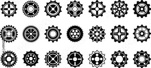 Industrial gear and cogwheel silhouette collection, mechanical engineering icons set, machine parts vector illustration isolated on white background, technology symbols