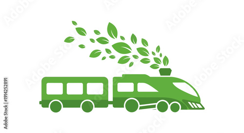Green eco-friendly train with leaves coming out of the engine isolated on transparent background