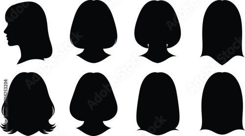 Collection of women’s hairstyle silhouettes featuring diverse cuts, lengths, and styles, ideal for fashion, beauty, design, branding, and creative illustration concepts.