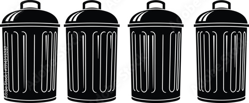 Trash can silhouettes collection, garbage bin vector icons set isolated on white background, waste management symbols, recycling and sanitation illustration for environmental design and urban services