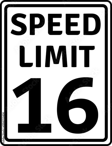 Speed limit 16 mph traffic sign, Speed limit 16 miles per hour road sign