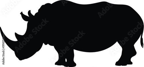Rhino silhouette vector illustration, black rhinoceros wild animal isolated on white background