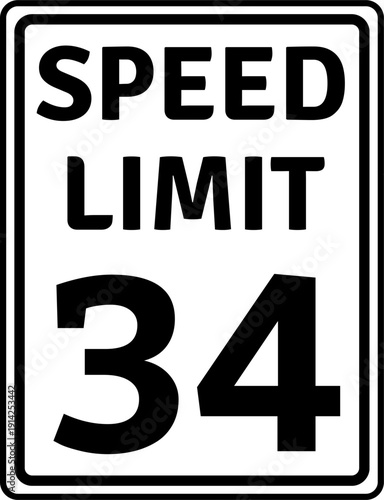 Speed limit 34 mph traffic sign, Speed limit 34 miles per hour road sign