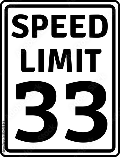 Speed limit 33 mph traffic sign, Speed limit 33 miles per hour road sign