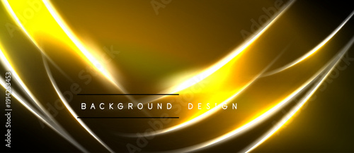 Abstract golden lines flow across dark backdrop. Elegant design suggests energy, motion, luxury. Text reads background design.