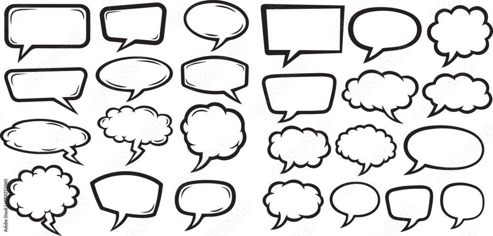 Fototapeta premium Hand drawn set of speech bubbles isolated Doodle set element Vector illustration.