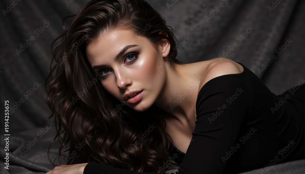 Naklejka premium Portrait of a young woman with wavy brunette hair and professional makeup. Fashion model posing in black top against dark background. Beauty and glamour concept