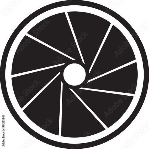 Black and white camera aperture diaphragm symbol with radial blades and central circle also transparent background