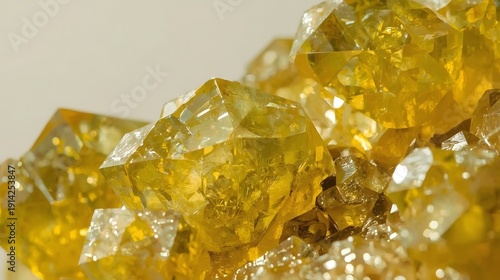 Detailed 3D render of vibrant yellow gemstones or sulfur crystals showing intricate, sharp edges and light reflections, perfect for geological study, jewelry design, or wealth concepts