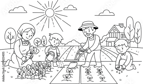 Family planting garden on sunny day isolated on transparent background