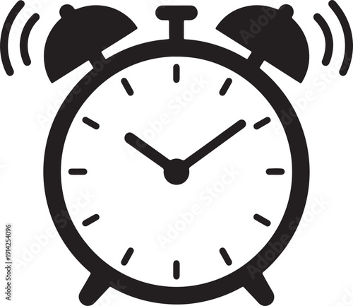 Black silhouette of an alarm clock with ringing bells and clock hands also transparent background time