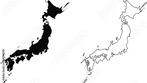 Japan Map Set Black Silhouette and Outline Vector Illustration