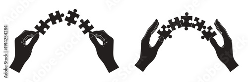 Hands Assembling Puzzle Pieces Vector Illustration