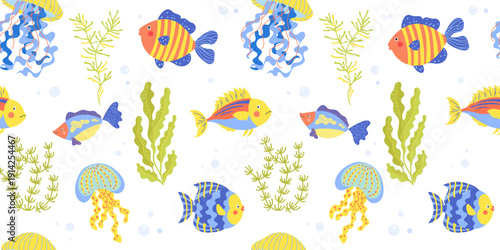 Airy seamless pattern with cute fish and soft green seaweed Playful cartoon style create friendly underwater design for kids fabric, nursery decor Bright childish vector with colorful marine elements