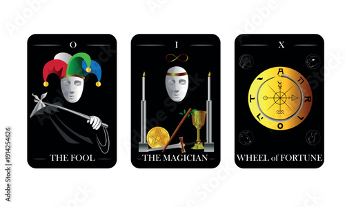 Tarot Major Arcana Cards Set – The Fool, The Magician, Wheel of Fortune, Minimal Black Esoteric Vector Illustration