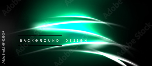 Dark background features bright green neon lines. Smooth curves create abstract light effect. Minimalist design, modern aesthetic.