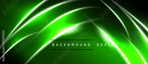 Abstract green background features flowing light lines. Dynamic curves create modern visual effect. Dark areas contrast bright elements.