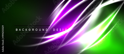 Abstract neon lines create vibrant green, purple glow. Dark background emphasizes bright energy, modern design elements.