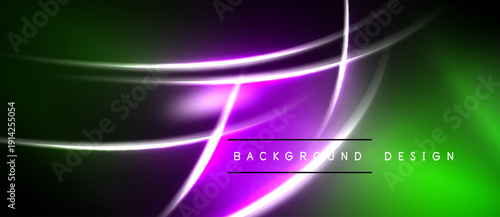 Abstract neon lines create dynamic gradient effect. Purple, green hues blend, forming modern background design. Smooth curves suggest movement.
