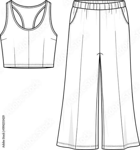 Women Two Piece Lounge Set Fashion Technical Sketch, Racerback Crop Top and Wide Leg Trousers, CAD Flat Vector Illustration Template