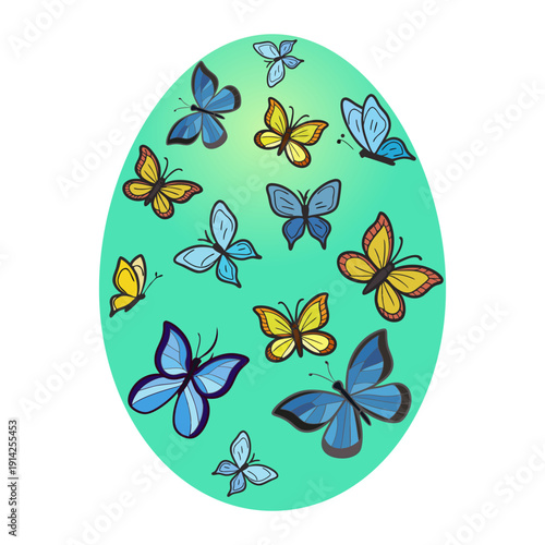 Decorative Easter egg silhouette filled with colorful pattern of various butterflies. Contains hand drawn blue, yellow and orange butterflies on a bright turquoise green gradient background.