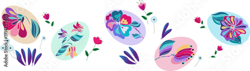 Panoramic illustration consisting of five Easter eggs in pastel colors, decorated with artistic floral patterns. Complemented with stylized flowers and leaves. For website headers, social media covers